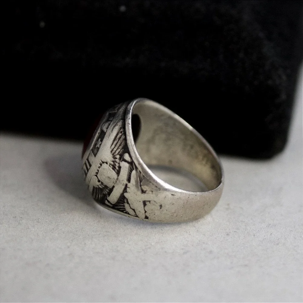 Vintage AAF Pilot Officer Sterling Silver Red Stone Signet Ring HJ Size 9.5
